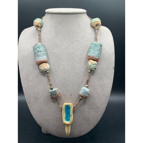 Ethnic Clay Necklace Heishi Beads Painted Rock Boho Style Unusual One of A Kind - Picture 2 of 6